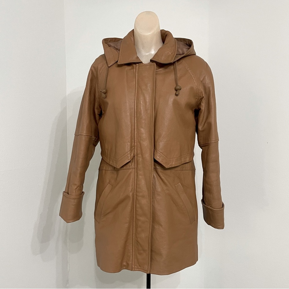 Phase Two Genuine Leather Insulated Trench Coat with Hood / camel brown / small